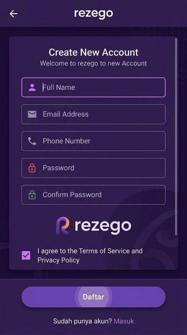 Tampilan halaman daftar rezego