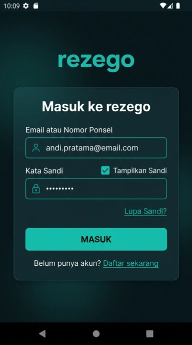 Tampilan halaman login rezego